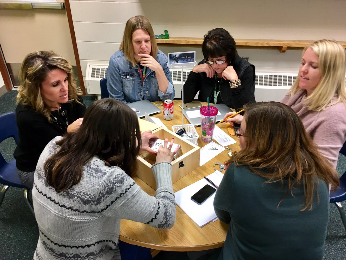 joelschleicher's tweet photo. Friendly competition among the @KellyElemGF teachers solving a @breakoutEDU Polar Express game written by @JessieRErickson https://t.co/NW1TU2K3I4