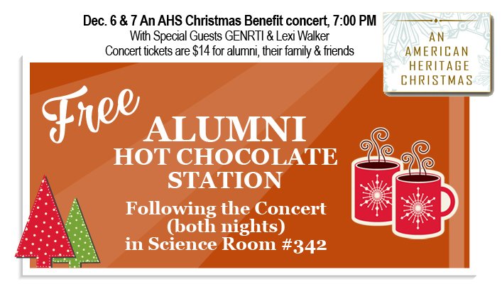 ah_school's tweet photo. Please join us for hot chocolate after the Christmas Concert either Dec 6th or 7th. #ahsutah #ahsstudentlife #ahsalumni https://t.co/AtxxyXrrJQ