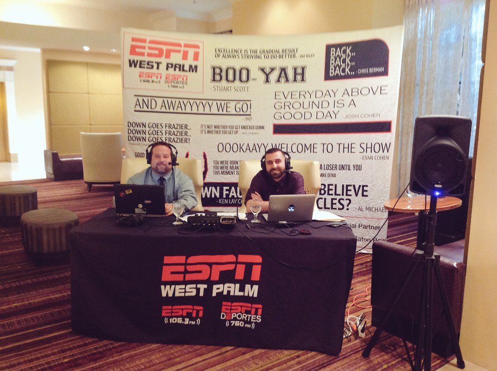 ESPNWestPalm's tweet photo. What could go wrong with these two (@REALCOACHK & @JoeC1063) live from the #Grozas? @PBCSC https://t.co/et1JphM0wy
