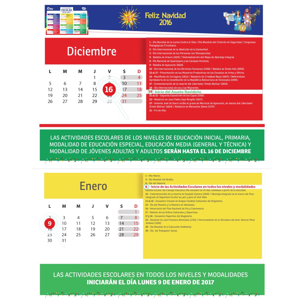 mineducacion_ve's tweet photo. El 16 de diciembre nuestros niños, niñas y jóvenes culminan actividades por asueto navideño y se reincorporarán a clases el 9 de enero https://t.co/p5MKH1i0Nb