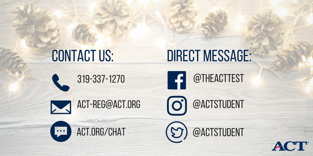 ACTStudent's tweet photo. Are you taking the ACT this weekend? We're happy to help if you have any questions! Here are a few ways you can reach us. https://t.co/pDeYfMqkNg