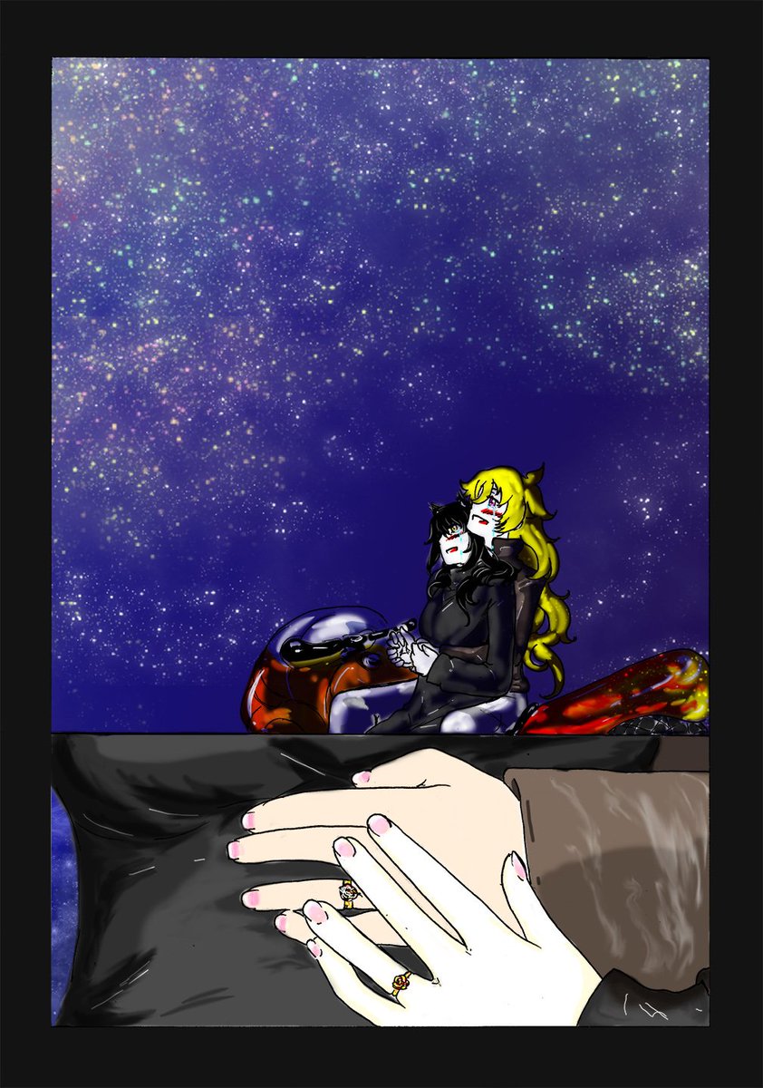 ShaYurigami's tweet photo. #Bumbleby #RWBY #RWBYPrompts #Promptcember #Yuri #Femslash #FullColor #Motorbike #Stargazing #engagementrings #happytears hope it looks ok https://t.co/p19UvDWwvm