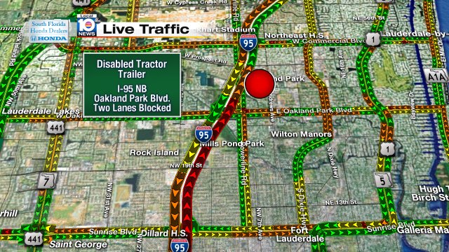 DISABLED TRACTOR TRAILER: I-95 NB & Oakland Park Blvd. Two lanes are blocked. Expect heavy delays. #TRAFFIC https://t.co/Yntsgq4w5d