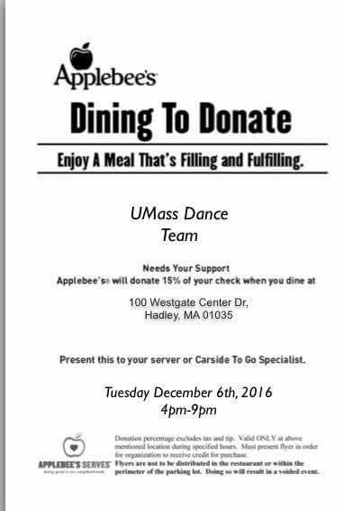 UmassDanceTeam's tweet photo. Bring in this flyer to Applebee's tomorrow night, 4-9 pm! https://t.co/PfUDLhIire