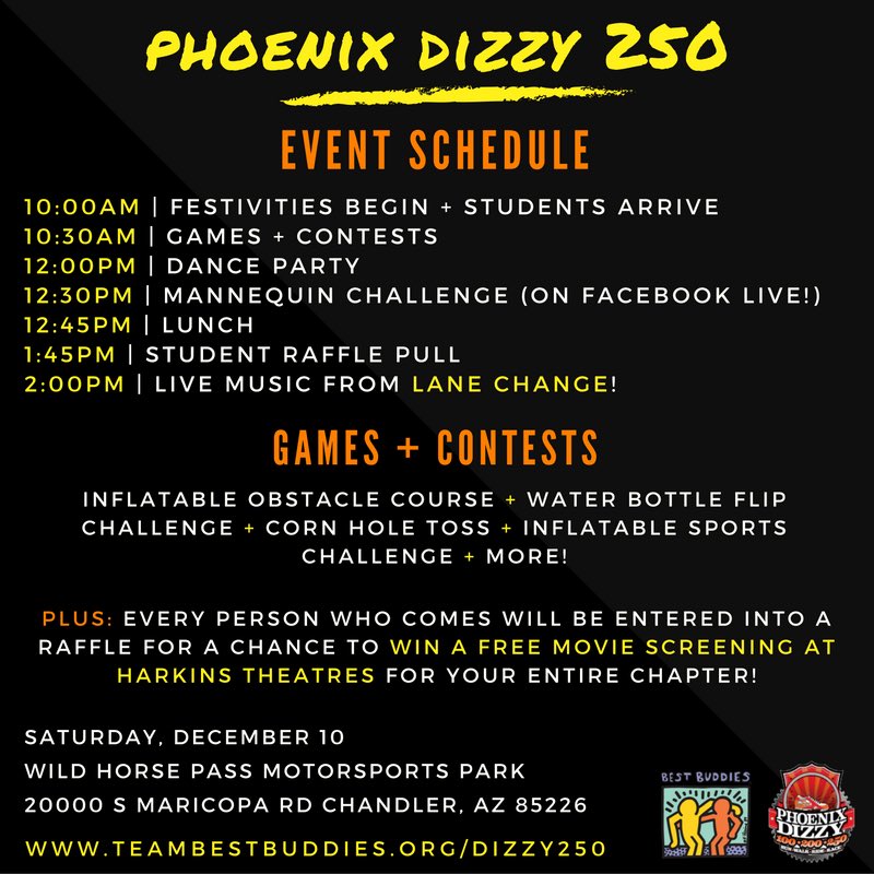 BestBuddiesAZ's tweet photo. Calling all #BBAZ school programs: Win a free screening at @HarkinsTheatres for your entire chapter when you come to the #PhoenixDizzy250! https://t.co/uGOtEmkT9o