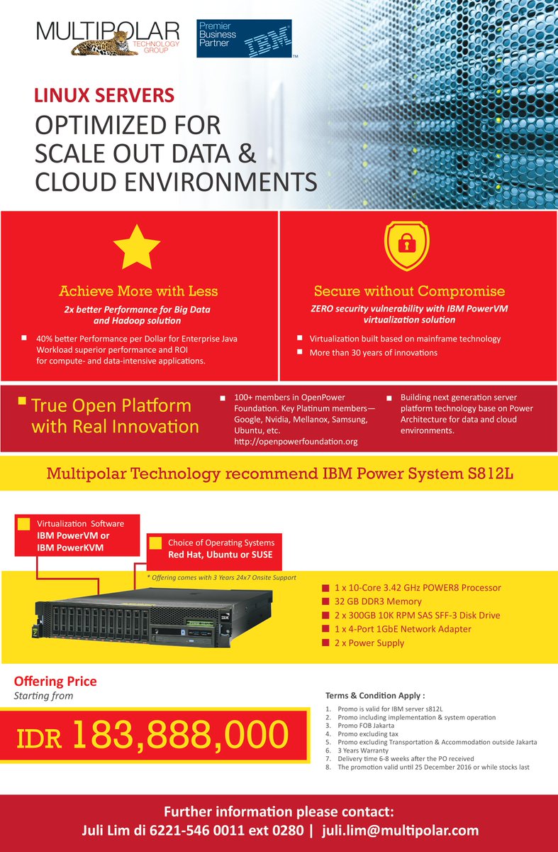 MultipolarTech's tweet photo. Cek promo terbaru #MLPT #IBMPowerLinux. Info detail hubungi Juli Lim 021-55777000 ext 0280 or juli.lim@multipolar.com https://t.co/O4UyIhOELy