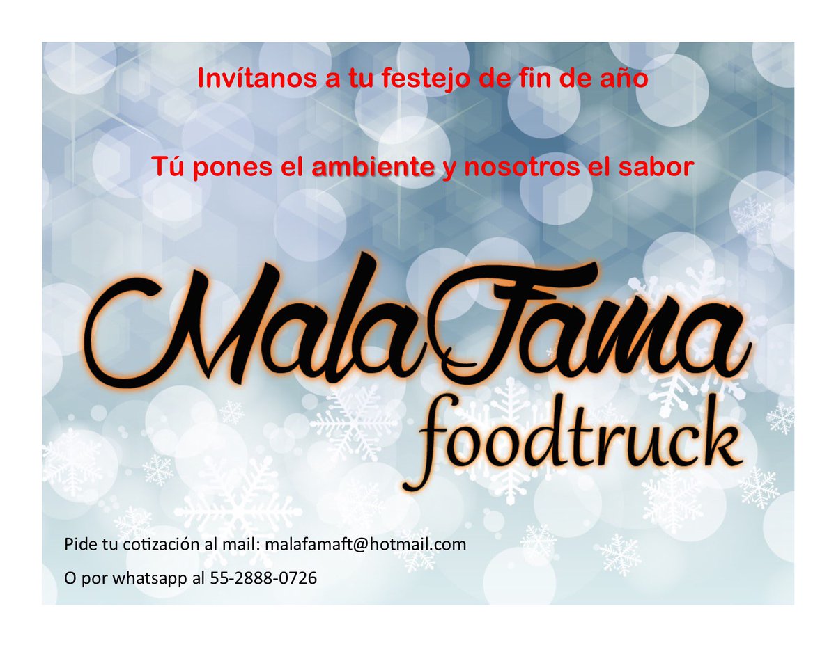 Invítanos a tus eventos de fin de año. 

Contáctanos a: malafamaft@hotmail.com y solicita tu cotización, nos adecuamos a tus necesidades.