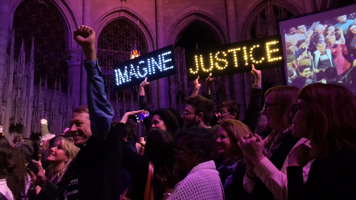 democracynow's tweet photo. .@TomMorello invites everyone in NYC's Riverside Church onstage, singing &amp; calling for action on war, homelessness &amp; more #happybirthdayDN https://t.co/PQkZTuZNmf