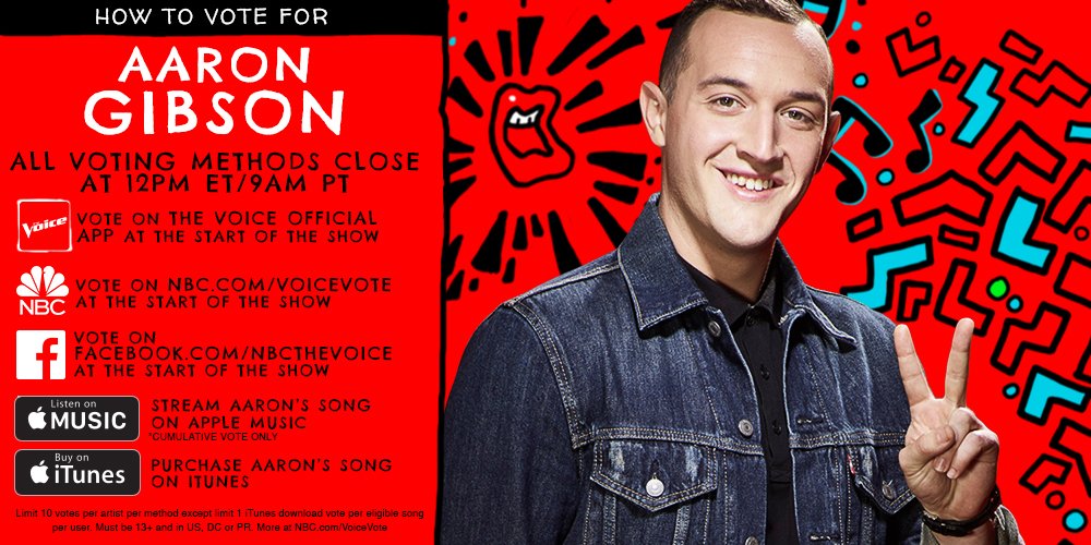 NBCTheVoice's tweet photo. If you’re doing everything you can to get @aarondgibson to the #VoiceFinale, RETWEET and don’t forget to vote for him tonight. #VoiceTop8 https://t.co/3ihyy3HcZl