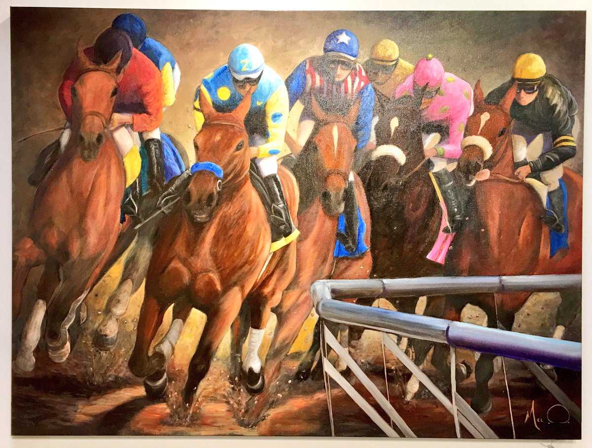 ArtiqueLexCtr's tweet photo. American Pharoah on the Rail by Melanie Osborne. 47 x 37 inches original oil painting $2999 at our downtown location @ShopsLexCenter https://t.co/zNz9vUATaI