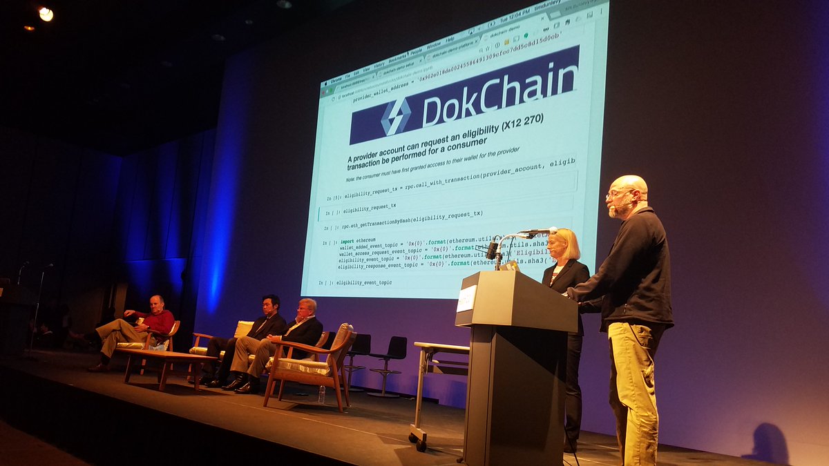 PokitDok's tweet photo. CEO Lisa Maki and VP of Engineering Tim Dunlevy are demoing live at #health2con Japan stage. Enter the DokChain now: https://t.co/bIePmwmNLn https://t.co/St3mNqnz06