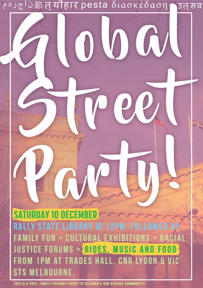 Come Party with us at the Global Street Party: celebrate multiculturalism and diversity in Australia. Melbourne 12pm State Library