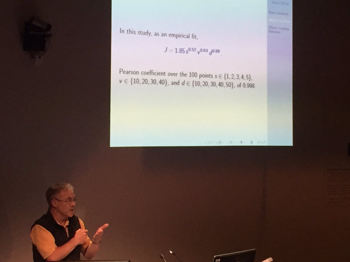 leifos's tweet photo. Alistair presents "Moffat's Law" of how user variation, system variations and pool depth relate to judgments #adcs2016 https://t.co/LbDcA7tO6X