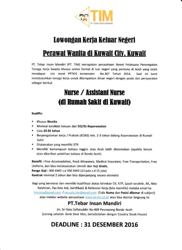 Tebar Insan Mandiri Twitter àªªàª° Lowongan Kerja Keluar Negeri Perawat Wanita Di Kuwait City Kuwait Deadline 31 Desember