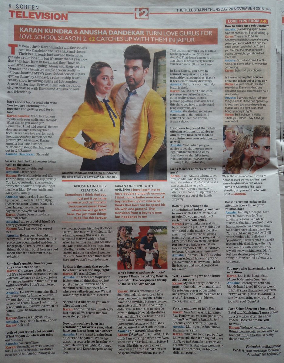 _ankitadas_'s tweet photo. On todays The Telegraph-T2! @kkundra and @VJAnusha on #LoveSchool2 😊😍😘😚❤ @FCkkundra https://t.co/SDCHGCiviB