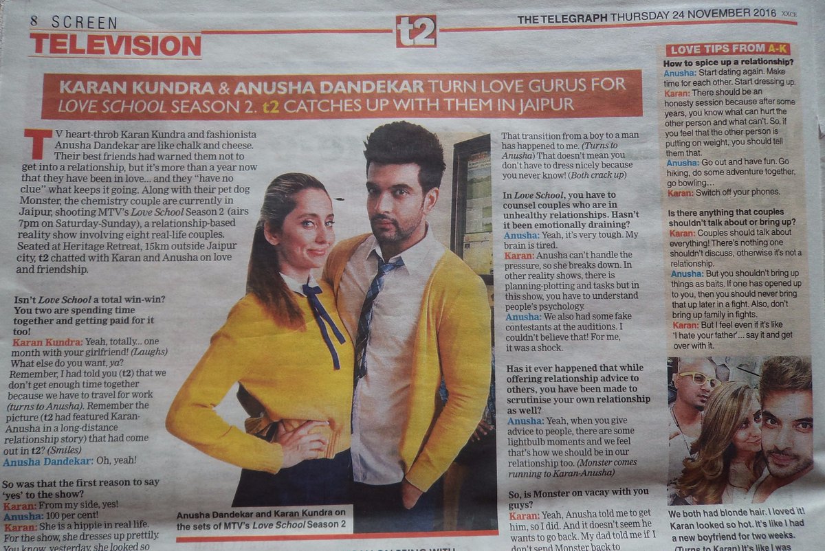 _ankitadas_'s tweet photo. On todays The Telegraph-T2! @kkundra and @VJAnusha on #LoveSchool2 😊😍😘😚❤ @FCkkundra https://t.co/SDCHGCiviB