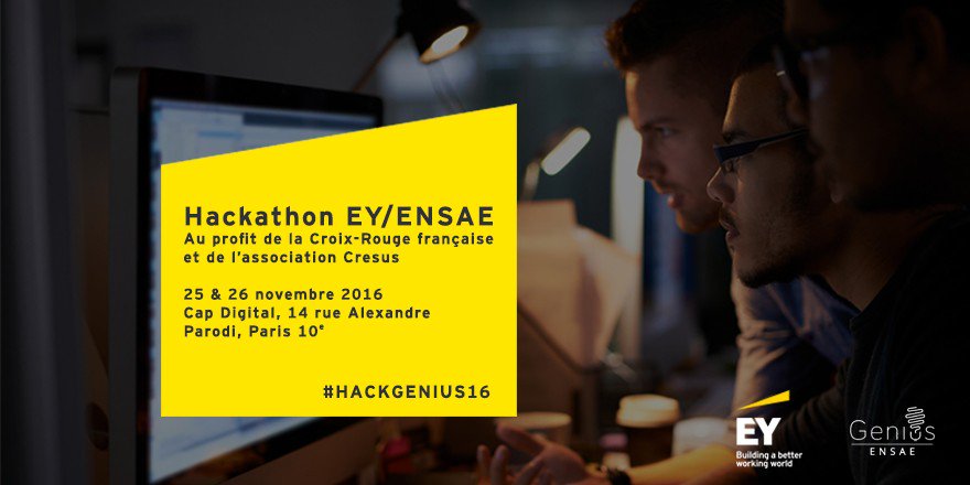 80 étudiants de <a href="/ENSAE_Today/">ENSAE Paristech</a> participeront demain au #HackGenius16 au profit de la <a href="/CroixRouge/">Croix-Rouge fr</a> et de l’<a href="/assocresus/">CRÉSUS</a> !hackathon-geniusensae.fr