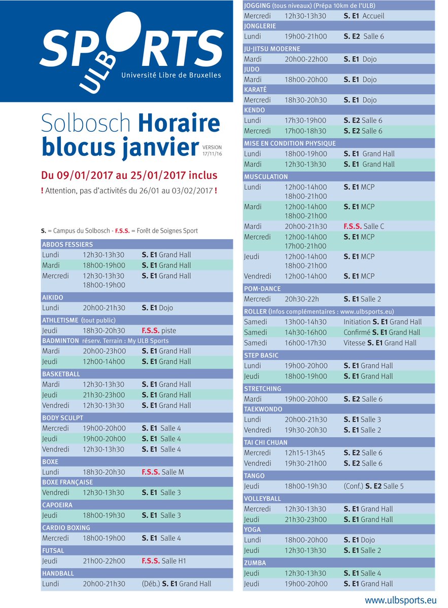 Voici le programme de blocus des activités <a href="/ULBSports/">ULB Sports</a> #Sante #sports #blocus