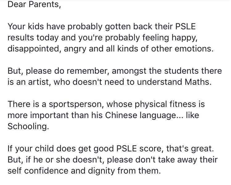 SGAG_SG's tweet photo. To parents whose kids just received their PSLE results... https://t.co/5zeYCb8Tau