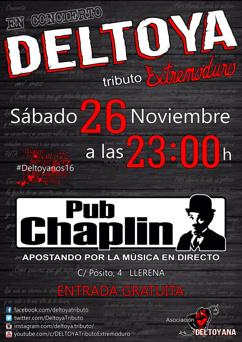 DeltoyaTributo's tweet photo. V-25 Noviembre: Sala Dinosaurio (Villanueva de la Serena). S-26 Noviembre: Pub Chaplin (LLerena)
#Deltoyanos16 https://t.co/hzjK11UshU