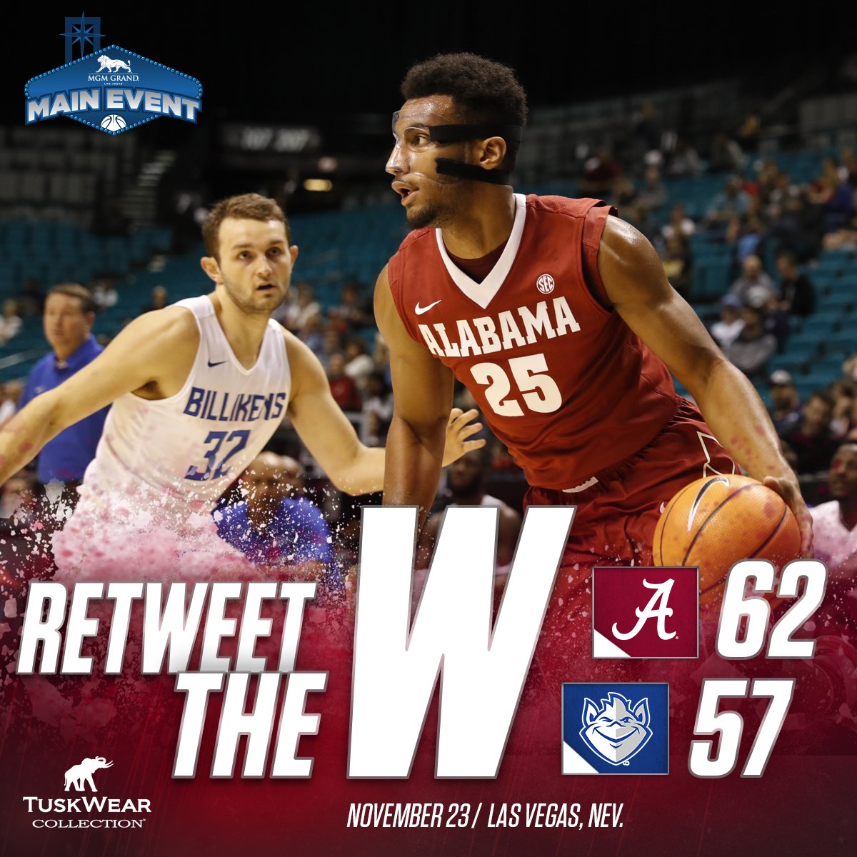 AlabamaMBB's tweet photo. Retweet the W! Alabama tops Saint Louis, 62-57, to conclude the Las Vegas Main Event! https://t.co/dgZedU6VQX