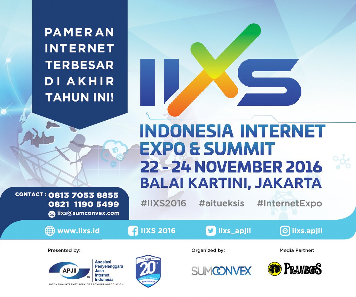 Prambors's tweet photo. Pameran Internet terbesar di akhir tahun telah hadir! Indonesia Internet Expo and Summit 2016 Balai Kartini 22-24 Nov #IIXS2016 #aitueksis https://t.co/HPwnyFM5Td