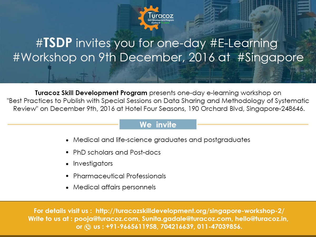 turacoz's tweet photo. #TSDP, a #THS-initiative for #MedicalWritingTraining, invites you for one-day #ELearningWorkshop at #Singapore. https://t.co/srdTy2lxLp https://t.co/EylBwUyi7v