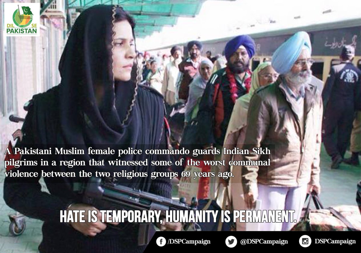 PKprogressive's tweet photo. A Pakistani muslim police female police commando gaurds Indian sikh pilgrims in a region that witnessed some of the worst communal violence. https://t.co/mdbbP4jILf