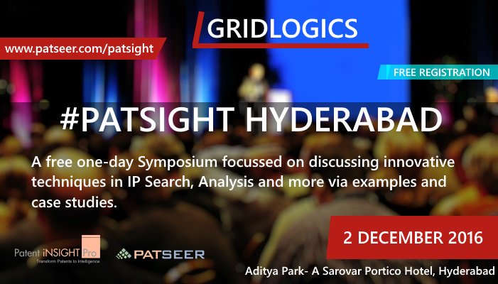 gridlogics's tweet photo. #PatSight #Hyderabad! Free to attend IP Symposium to discuss innovative techniques in IP Search & Analysis. https://t.co/tkxfiAEJ4X #patents https://t.co/QshuthRSfd