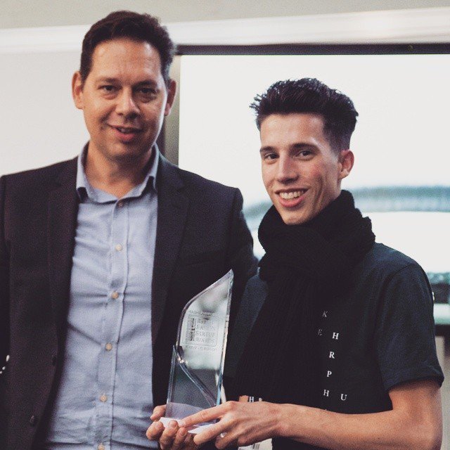 FashionBasecamp's tweet photo. George Hodgson from Maison de Choup receives the British Fashion Startup Award from Ben Mu… https://t.co/tHXVoHcrfv https://t.co/uJZyT4Oaax