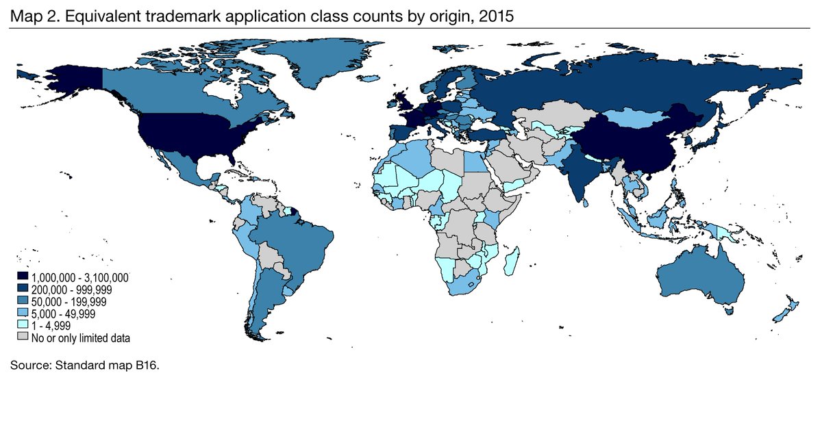 WIPO's tweet photo. Applicants from China had highest #trademark filing activity in 2015, followed by U.S., Germany and France: https://t.co/azIjObUMpv. #WIPI16 https://t.co/Y4FuxaYVOC