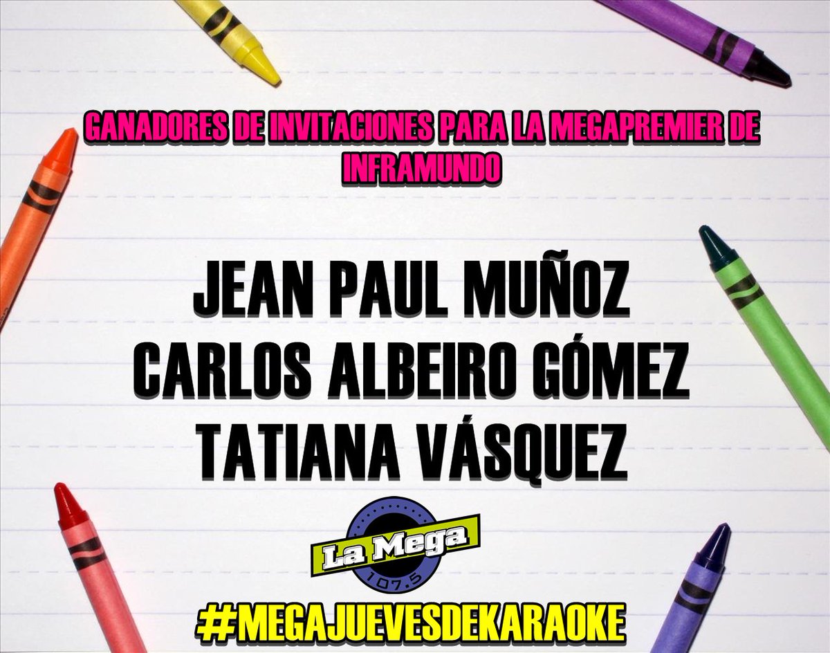 lamegaibague's tweet photo. AquΓ estΓ‘n los ganadores de entrada doble para nuestra #MegaPremier de #Inframundo este sΓ‘bado 26 de noviembre en @Acquacc a las 10:30am https://t.co/c8e1CpbP3v