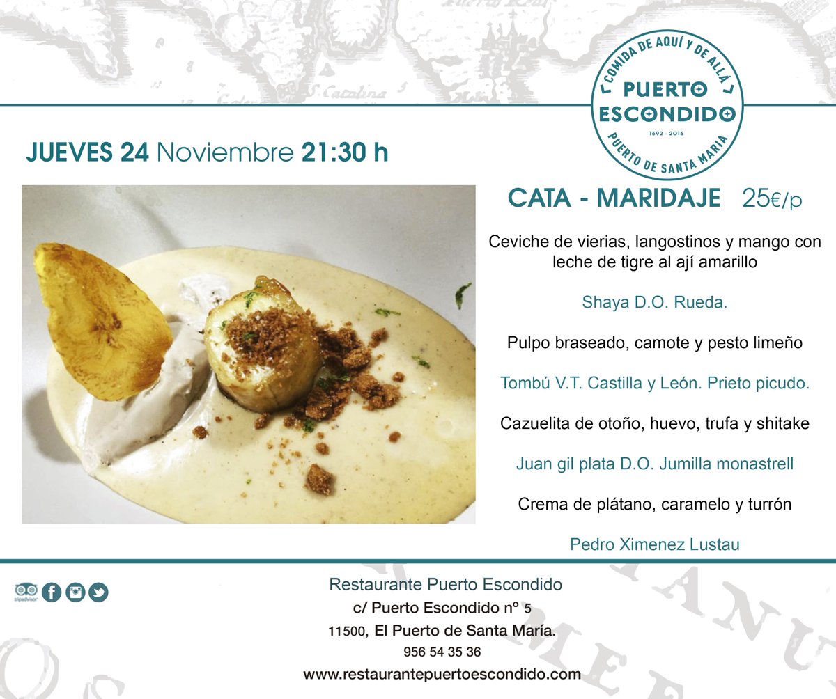 Hoy JUEVES 24N a las 21:30 CATA - MARIDAJE por sólo 25€🍷¡Últimas reservas! 956 543 536 #Maridaje #Cata #Gastronomia #ElPuerto #FelizJueves