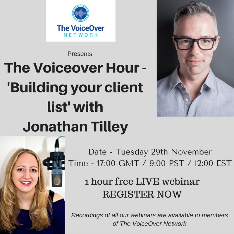 NetworkVO's tweet image. Don't miss our next The Voiceover Hour webinar - Building your contacts list with Jonathan Tilley on Tues 29th Nov thevoiceovernetwork.clickmeeting.com/the-voiceover-…