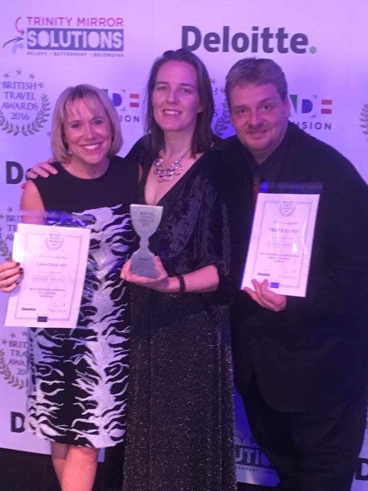 tropicalsky's tweet photo. YIPPEE! 🎉Fab night @BritTravAwrds 😄winning GOLD - best medium sized holiday company to #Caribbean 😄SILVER- best wedding &amp; honeymoon company https://t.co/sA6vem3pdK