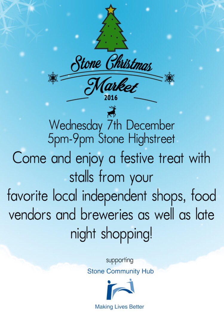 #Stone #Xmas market not to be missed!!! Wed 7th Dec 6pm-9pm. Plz #RT <a href="/MVironUK/">M-Viron UK</a> <a href="/Bootique_D/">Boo-tique</a> <a href="/ZetaBoutique/">Zeta Boutique</a> <a href="/letsseebistro/">letsseebistro</a> <a href="/StoneBaked1/">Stone Baked</a>