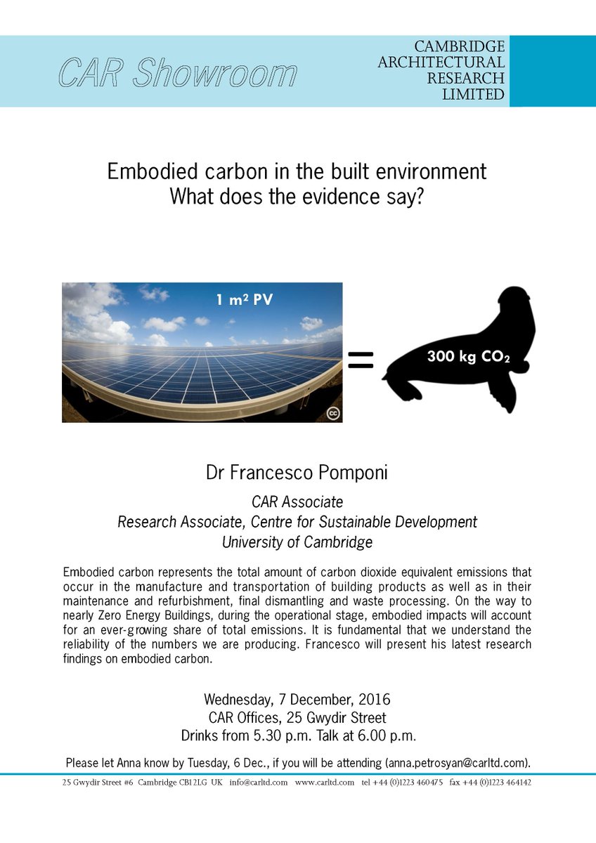 CAR Research (@carcambridge) on Twitter photo CAR Showroom 7 December 5:30pm:"Embodied #carbon in the built environment" RSVP: anna.petrosyan@carltd.com CAR Showroom 7 December 5:30pm:"Embodied #carbon in the built environment" RSVP: anna.petrosyan@carltd.com