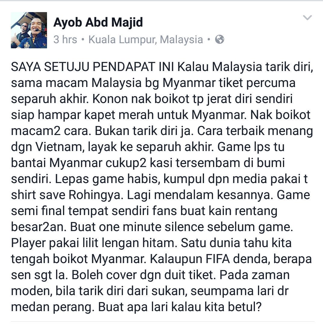 UpsiRespect's tweet photo. Kisah krisis Rohingya, AFF Suzuki Cup, bola sepak, dan boikot.
Ini kesimpulan ceritanya. Cara yang terbaik mungkin.

#SaveRohingya https://t.co/9S3YPJe8py
