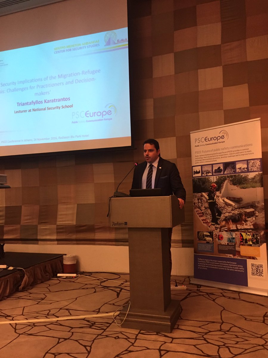 manfredblaha's tweet photo. "Security implications of the Migration-Refugee crisis": T. Karatrantos (National Security School, Greece) @psc_e #PSCEAthens conference https://t.co/2aDPteRlSk