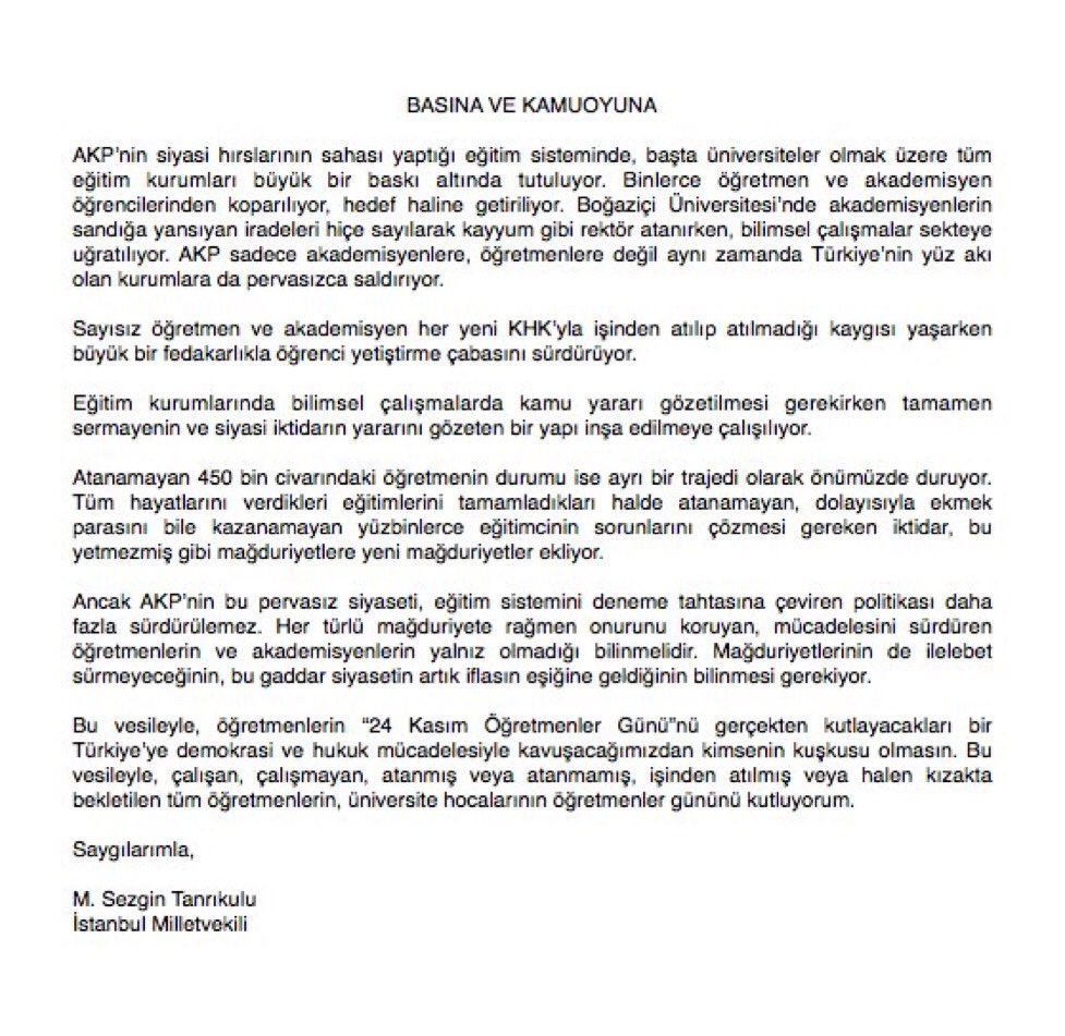 MSTanrikulu's tweet photo. AKP’nin eğitim sistemini deneme tahtasına çeviren, öğretmenlere yönelik pervasız politikası sürdürülemez! #24KasımÖğretmenlerGünü açıklamam: https://t.co/uz8e5JEv1U