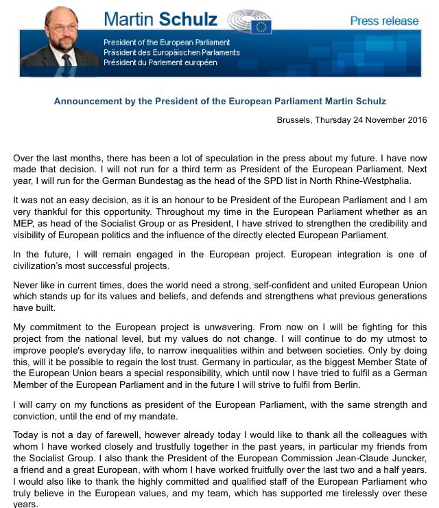 EP_PresSchulz's tweet photo. I will not seek a new mandate as @EP_President and will continue to defend #EU project from national politics https://t.co/i2lxwxwGU8