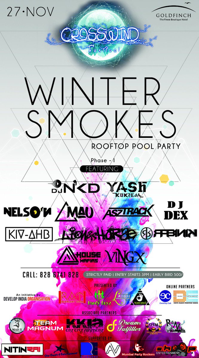 CrosswindFest's tweet photo. Come!Swim &amp; Rave dis Sunday @ Goldfinch Hotel, Andheri wid our Winter Smokes Rooftop Pool Party. Passes : 8286741828 https://t.co/rhyhrY7m0J