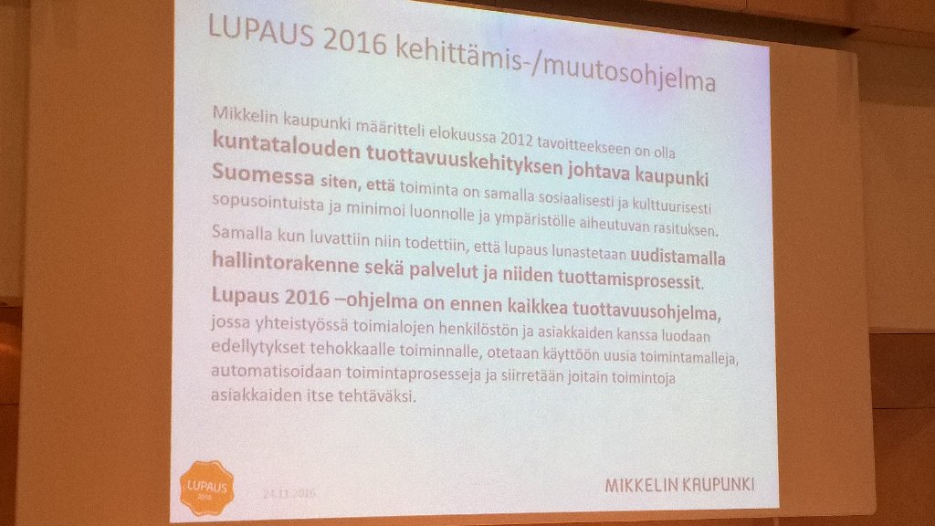kuntakapa's tweet photo. Tänään: #lupaus2016-päätösseminaari #Mikkeli'ssä. #digfi #digitalisaatio @MikkelinK https://t.co/77u3hQF48w