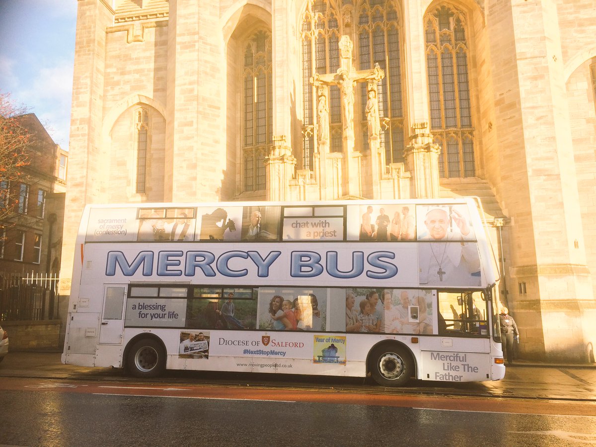 LtuCathsoc's tweet photo. #tbt a week ago today the #MercyBus was outside St Anne's Cathedral in Leeds. Time flys when you're receiving God's mercy! https://t.co/EydTf8OBF0