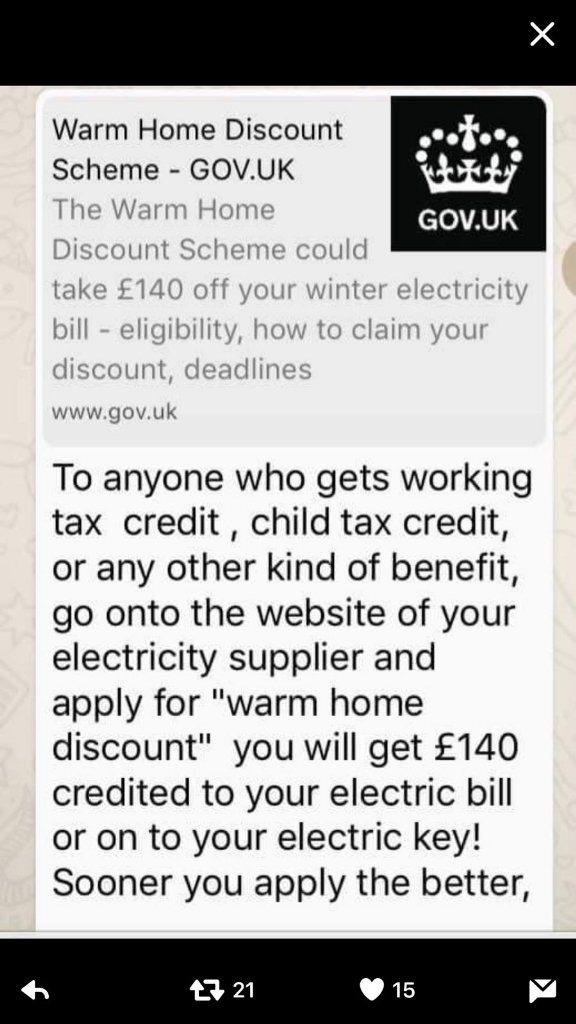 SouthdownIPS's tweet photo. Warm Home Discount Scheme - check if you're eligible 👍 https://t.co/dWtw8jjLNM