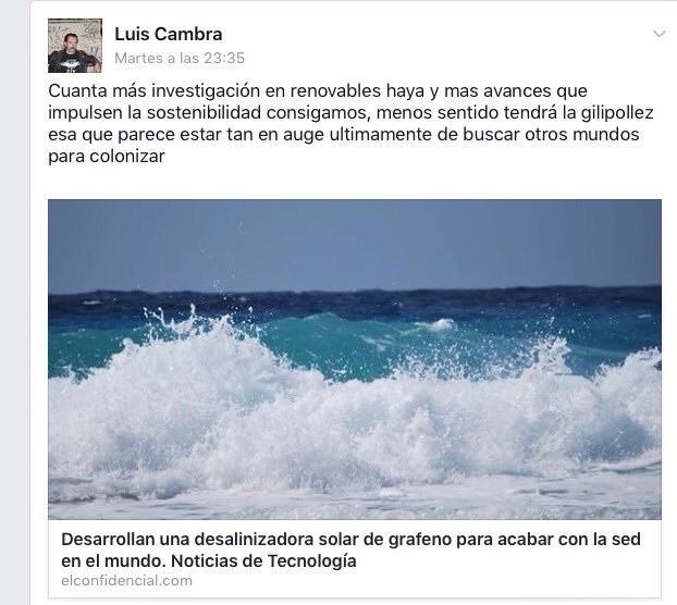 Cuantas más investigación en renovables haya y más avances que impulsen la sostenbilidad, menos sentido tendrá la gilipollez esa que parece tan en auge de buscar otros mundos que colonizar