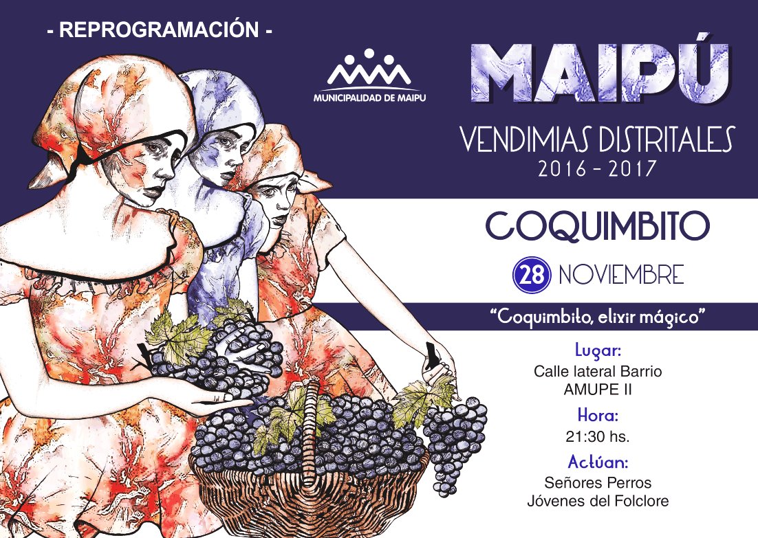 MaipuMunicipio's tweet image. Último fin de semana de #VendimiasDistritales 
#SanRoque 25/11
#Gutiérrez 26/11 
#RodeoDelMedio 27/11 
#Coquimbito 28/11 (reprogramada)