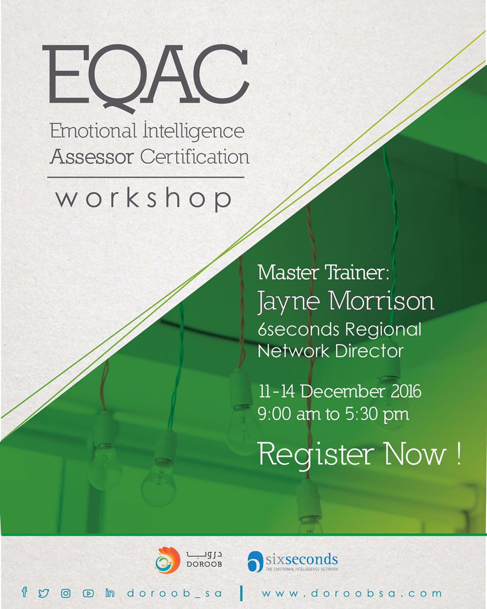 doroob_sa's tweet photo. Register Now!! Join our upcoming EQAC Workshop, Save your seat by registering now: https://t.co/SDsK9NXIJa #Eqac 
#EQ #الذكاء_العاطفي https://t.co/6N8dSTCGWM