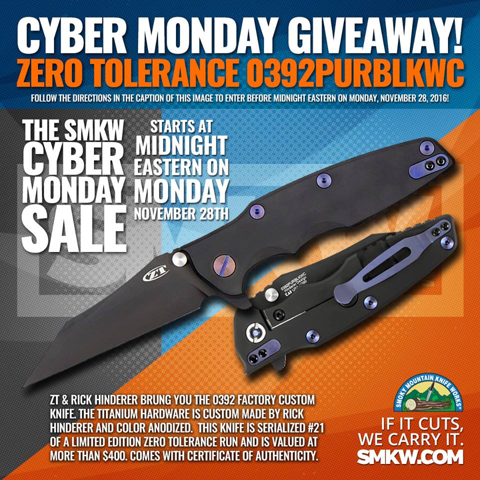 SMKWcom's tweet photo. SMKW - https://t.co/AQYcER34HE Cyber Monday Giveaway! Like &amp; Retweet w/ #SMKWCyberMondayZT tag to enter by 12am 11/28/16! @ZTKnives https://t.co/hSem8XIatb