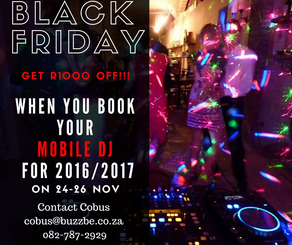 buzzbe_events's tweet photo. #BlackFriday Special on Mobile DJ Services.
Book between 24-26 November. 
Contact Cobus@buzzbe.co.za / 082 787 2929 https://t.co/kVYgfZ0n6x